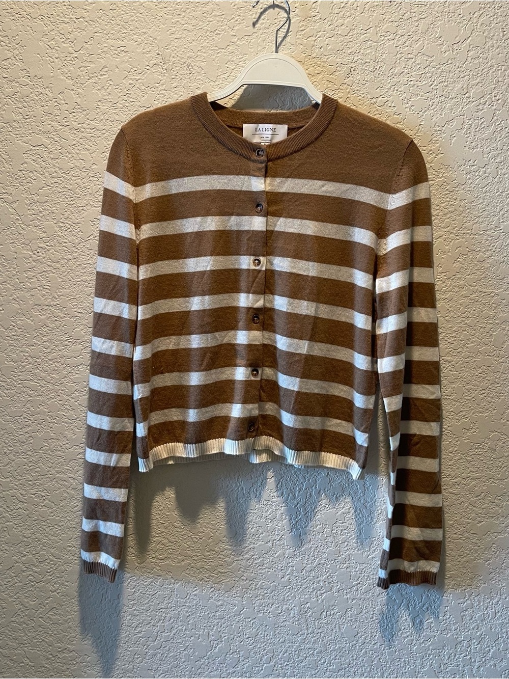 LA LIGNE 100% cashmere lightweight camel and cream button front cardigan, M